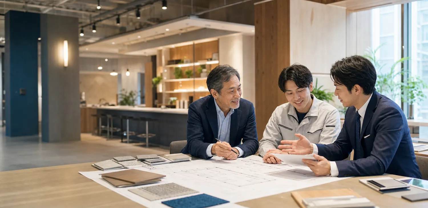 内装会社の事業承継に向けて経営者と後継者候補とアドバイザーが相談する様子