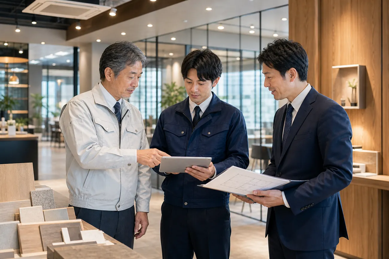 内装会社の承継に向けて現場と図面を確認する経営者と後継者候補とアドバイザー