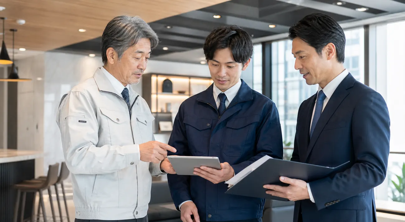 内装会社の後継者候補と経営者とアドバイザーが引き継ぎを確認する様子