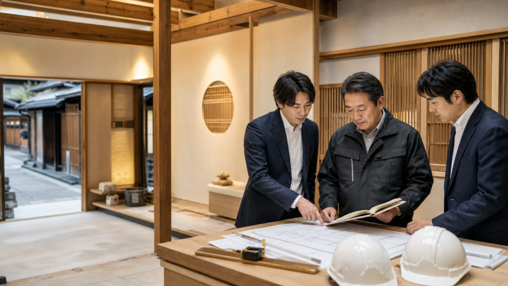 京都の町家を思わせる内装で、経営者と承継関係者が図面を確認するイメージ