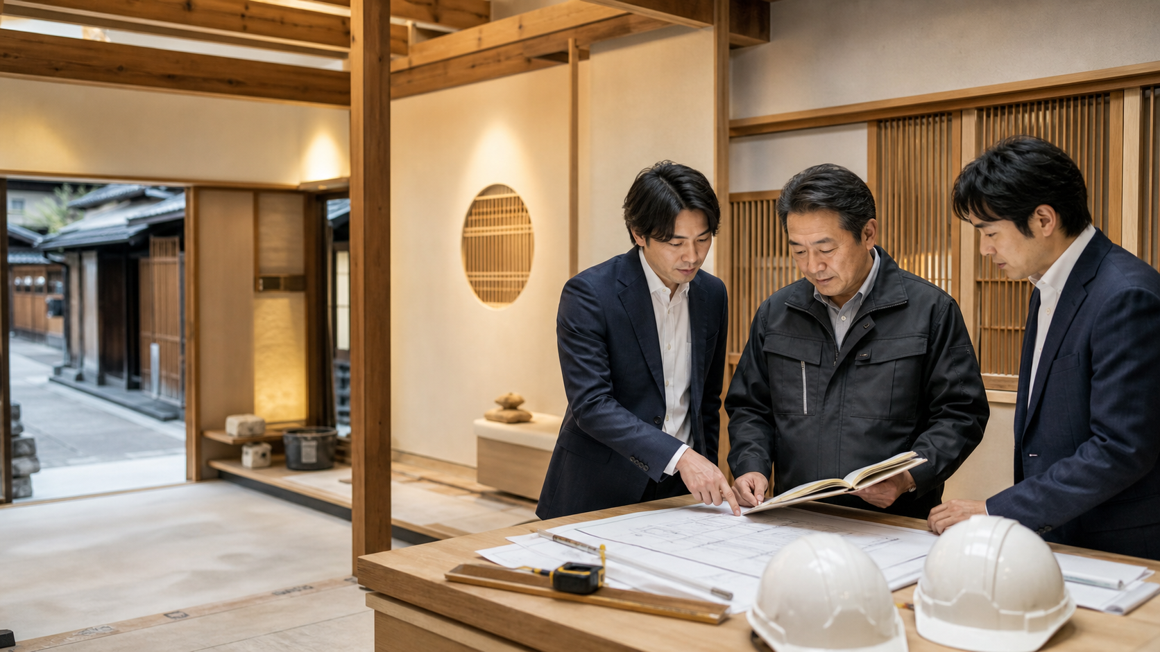 京都の町家を思わせる内装で、経営者と承継関係者が図面を確認するイメージ